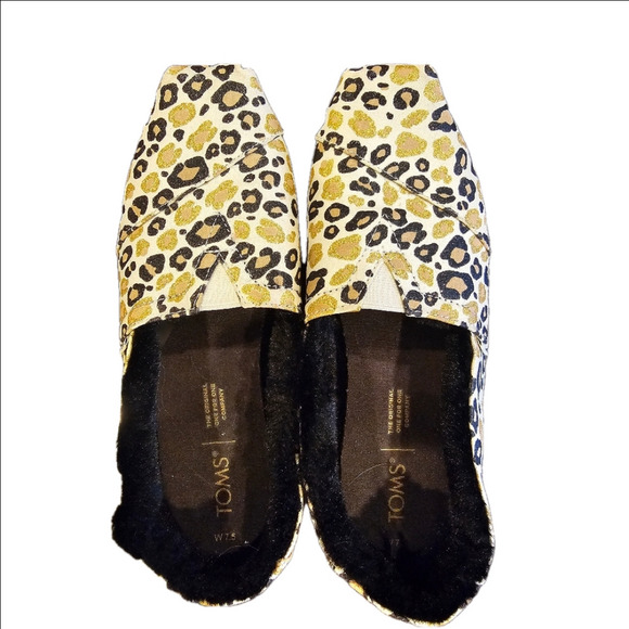 Toms Alpargata Faux Fur Lined Natural Glitter Cheetah Print Shoes Size 7.5 - Picture 6 of 11